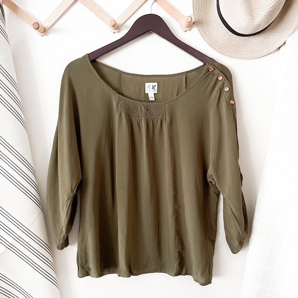 Anthropologie Edme & Esyllte Olive Tab Sleeve Button Shoulder Top